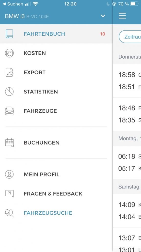 Bildschirmaufnahme der Fahrtenbuch Übersicht