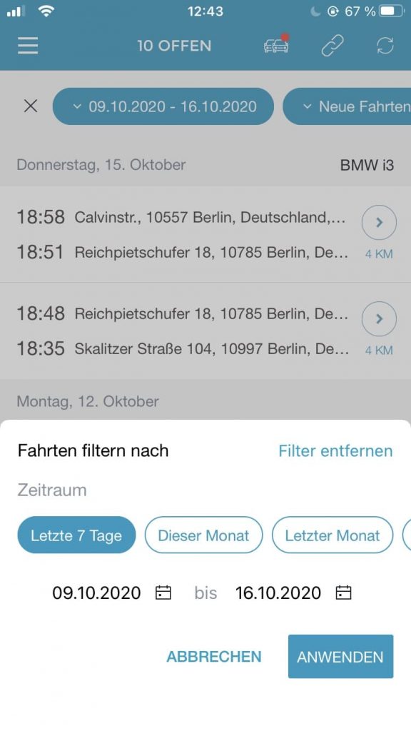 Bildschirmaufnahme der Löschung eines Filters